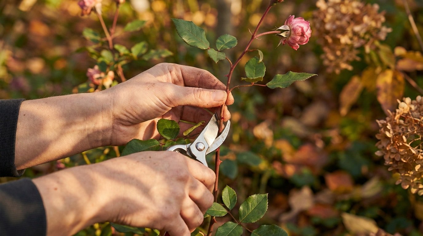 Gros plan : Mains coupant une tige de rosier avec un sécateur pour le bouturage automnal. Fond flou du jardin.