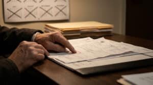 Close-up of hands pointing to a red-circled detail on an administrative document on a desk, with a crossed-out calendar in the background.