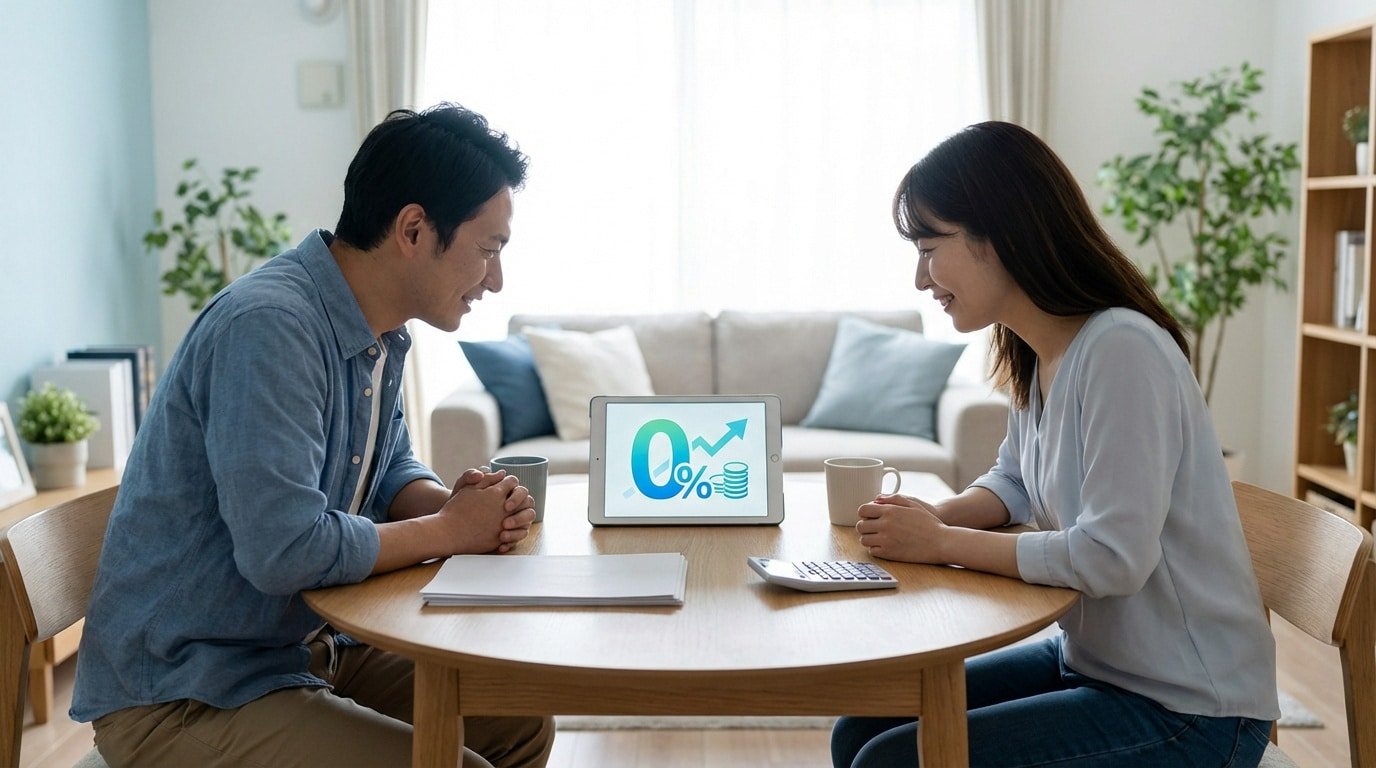 Un couple souriant consulte une tablette affichant '0%', une flèche de croissance et des pièces, discutant finances à table.