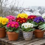 Vibrant potted primroses in yellow, pink, red, purple, and white on a wooden table, tended by gloved hands, against a blurred snowy winter landscape.