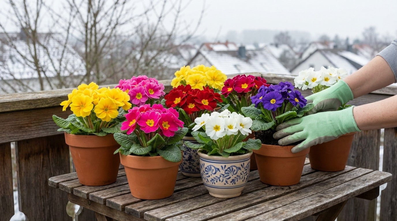Vibrant potted primroses in yellow, pink, red, purple, and white on a wooden table, tended by gloved hands, against a blurred snowy winter landscape.