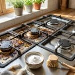 Plaque de cuisson à gaz partiellement sale, avec du bicarbonate de soude et une brosse pour le nettoyage. Deux brûleurs sont encrassés, deux sont propres.