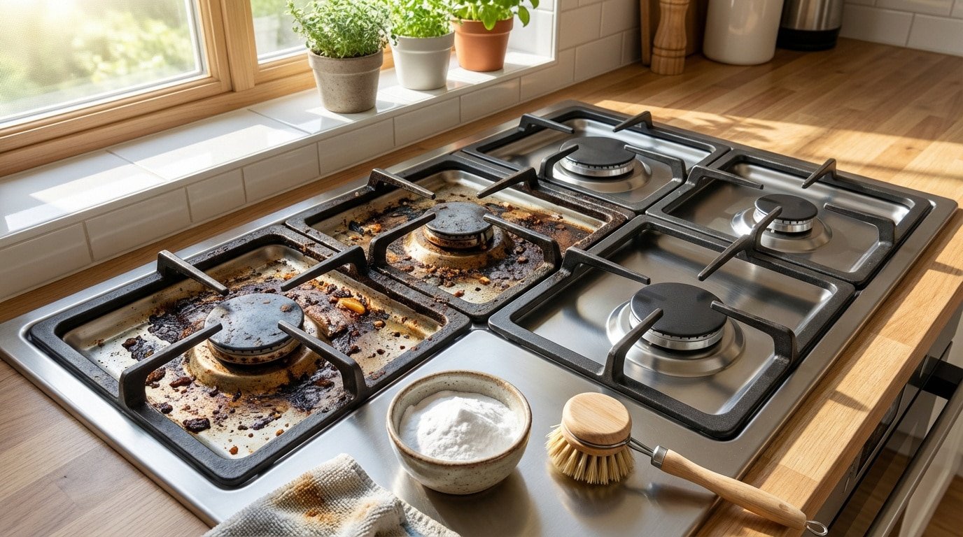 Plaque de cuisson à gaz partiellement sale, avec du bicarbonate de soude et une brosse pour le nettoyage. Deux brûleurs sont encrassés, deux sont propres.