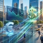 Graphique EUR/USD montrant une tendance baissière, avec symboles euro et dollar lumineux dans un paysage urbain animé, reflétant la parité.