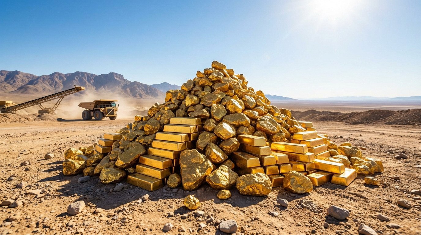 Montagne de lingots et pépites d'or devant un site minier désertique actif, avec camion, tapis roulant et montagnes lointaines.
