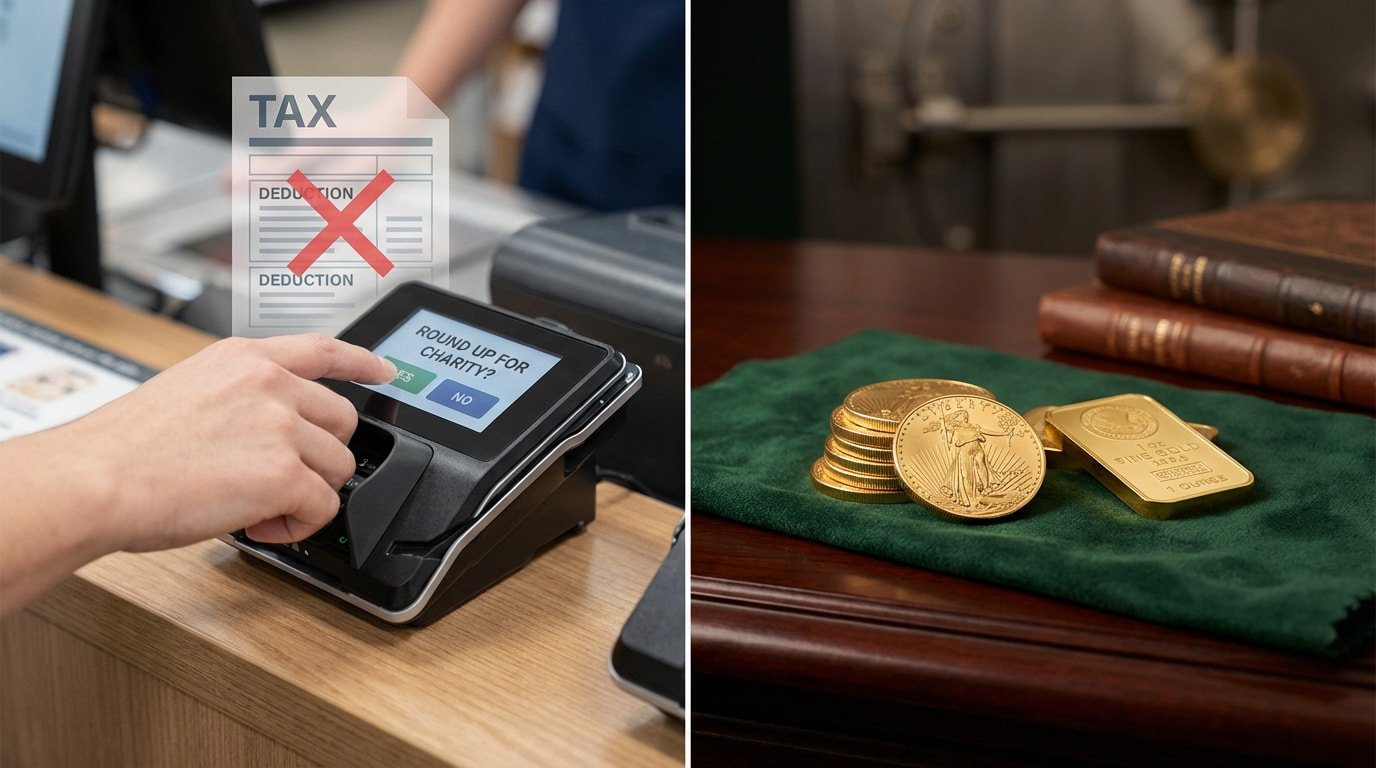 Main sur terminal de paiement proposant un don caritatif, avec une feuille d'impôt barrée en surimpression. À droite, de l'or.