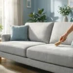 Personne désodorise un canapé gris clair avec du bicarbonate de soude et une brosse, dans un salon lumineux.