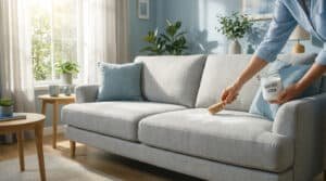 Personne désodorise un canapé gris clair avec du bicarbonate de soude et une brosse, dans un salon lumineux.