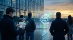 Cinematic image of people observing a glowing digital euro symbol as physical banknotes and coins transform into data streams, against a modern building.