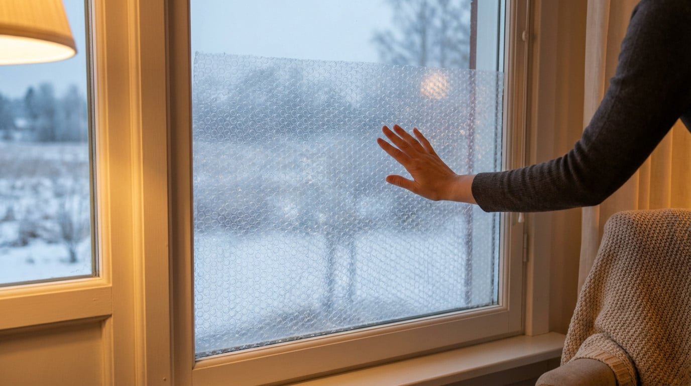Hand touching bubble wrap on a window, insulating a warm room from a snowy winter landscape outside.