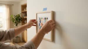 Hands adjust a modern picture frame with abstract art on a light wall, using painter's tape for perfect, no-drill placement in a modern room.