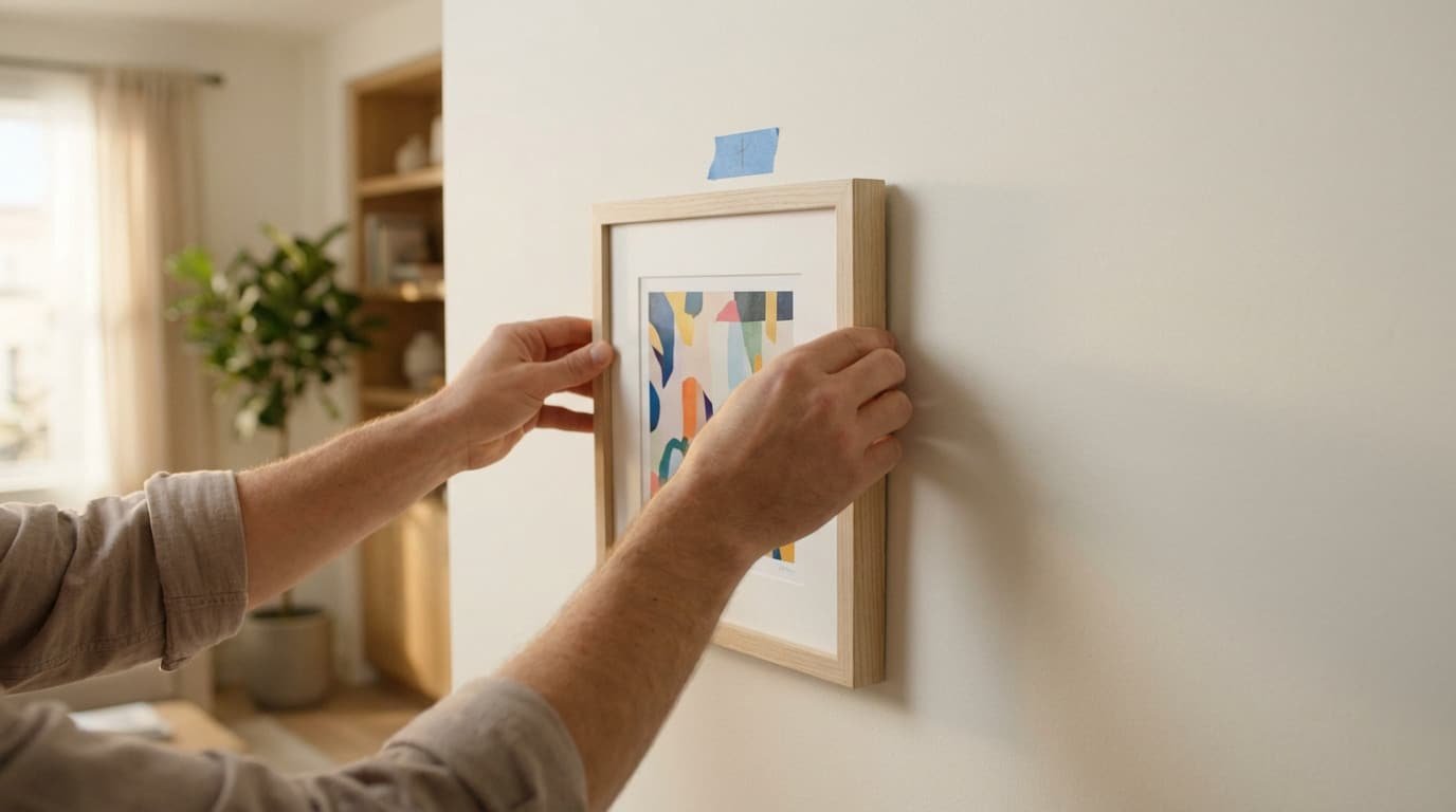 Hands adjust a modern picture frame with abstract art on a light wall, using painter's tape for perfect, no-drill placement in a modern room.