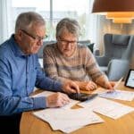 Elderly couple thoughtfully reviews financial documents and calculator at a dining table; a tablet shows February 2026.