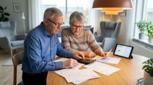 Elderly couple thoughtfully reviews financial documents and calculator at a dining table; a tablet shows February 2026.