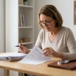 Femme âgée examinant attentivement un formulaire de déclaration d'honneur retraite à son bureau, entourée de documents importants.