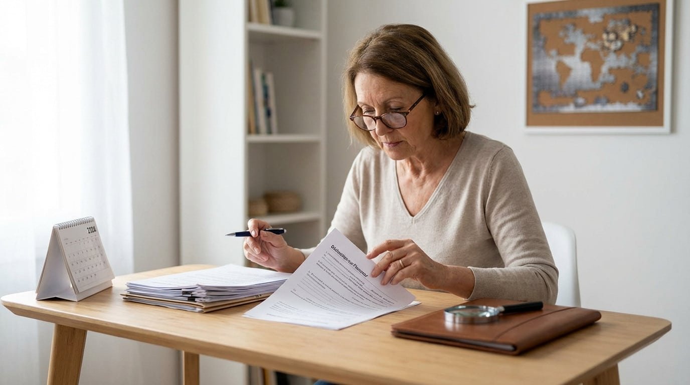 Femme âgée examinant attentivement un formulaire de déclaration d'honneur retraite à son bureau, entourée de documents importants.
