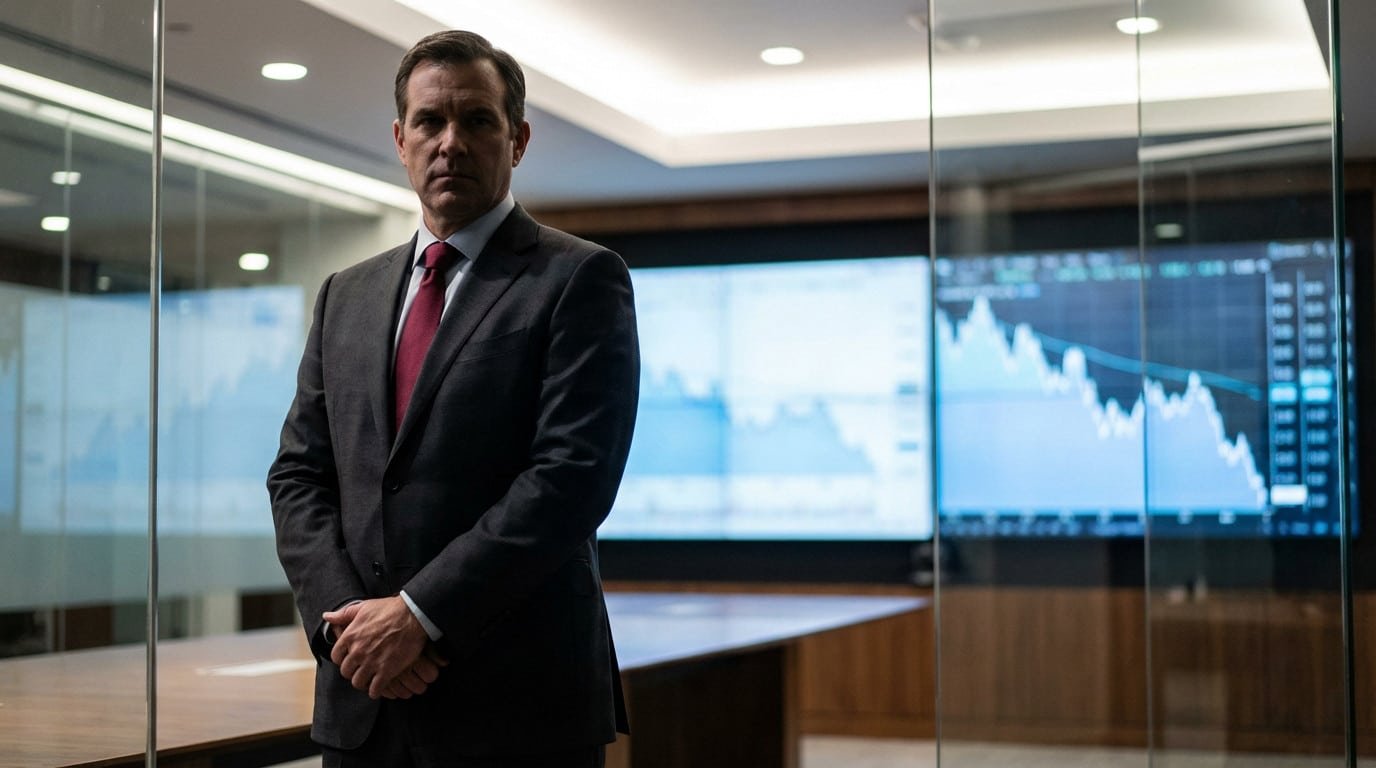 Powerful man in dark suit and red tie, determined, stands in a modern financial boardroom with screens displaying downward economic graphs.