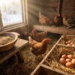 Inside a cozy chicken coop, hens peck near fresh eggs in straw nests. Sunlight illuminates a wooden feed bowl and a snowy window.