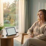 Femme réfléchissant devant un calendrier SEP 2026 sur tablette, sablier et plante. Symbolise la planification de la retraite.