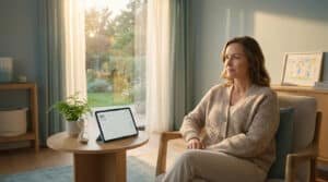 Femme réfléchissant devant un calendrier SEP 2026 sur tablette, sablier et plante. Symbolise la planification de la retraite.