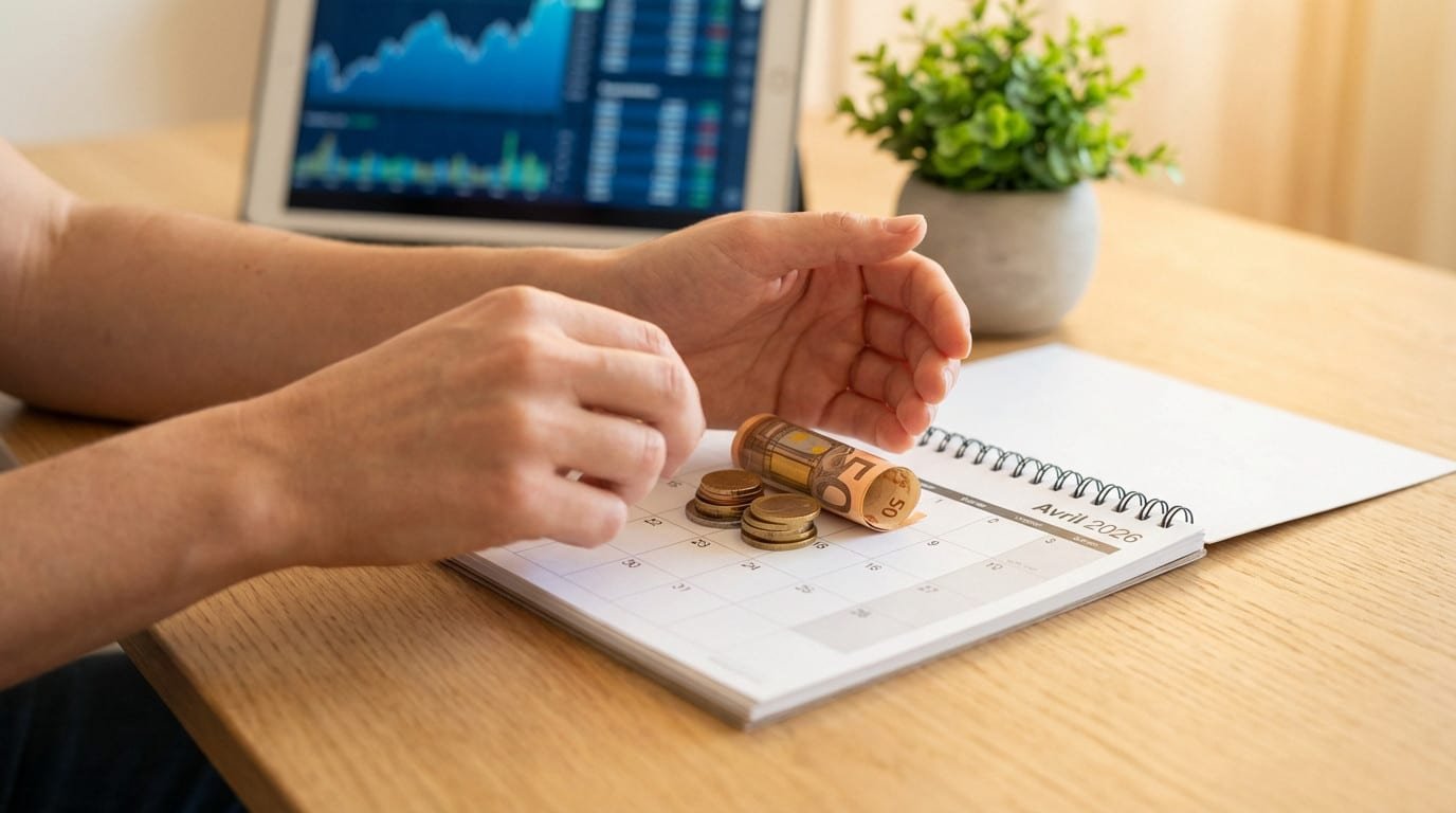 Hands placing euro coins and banknote on an "Avril 2026" calendar. Blurred tablet with financial data and plant in background.