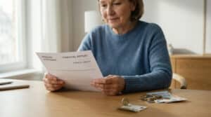 A woman in a blue sweater thoughtfully examines a pension statement at a desk. Coins and Euro banknotes are on the desk, with some appearing to slip away.