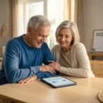 Happy senior couple reviewing financial data on a tablet at a modern table. Woman's hand rests on man's arm. Bright home setting.
