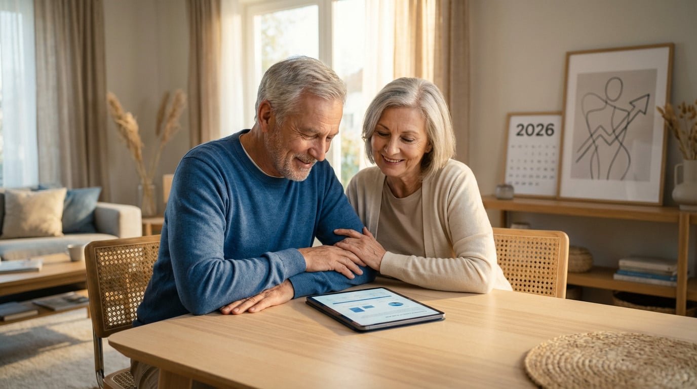 Happy senior couple reviewing financial data on a tablet at a modern table. Woman's hand rests on man's arm. Bright home setting.