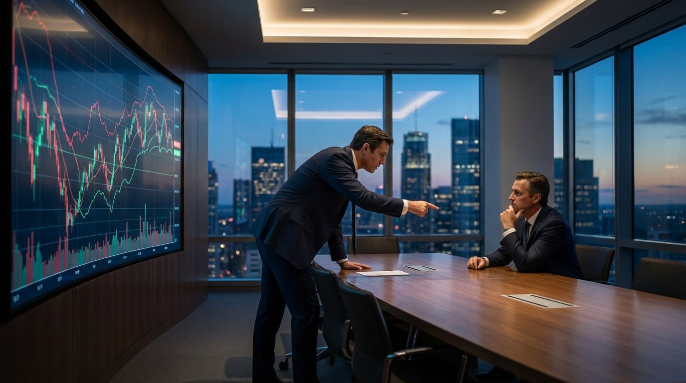 Two businessmen in a modern boardroom. One stands, pointing at a large screen with financial charts; the other sits, listening intently. City skyline at dusk.