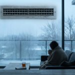 Grille d'aération encrassée au-dessus d'une fenêtre embuée. Une personne boit du thé sur un canapé, regardant le paysage hivernal.