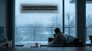 Grille d'aération encrassée au-dessus d'une fenêtre embuée. Une personne boit du thé sur un canapé, regardant le paysage hivernal.