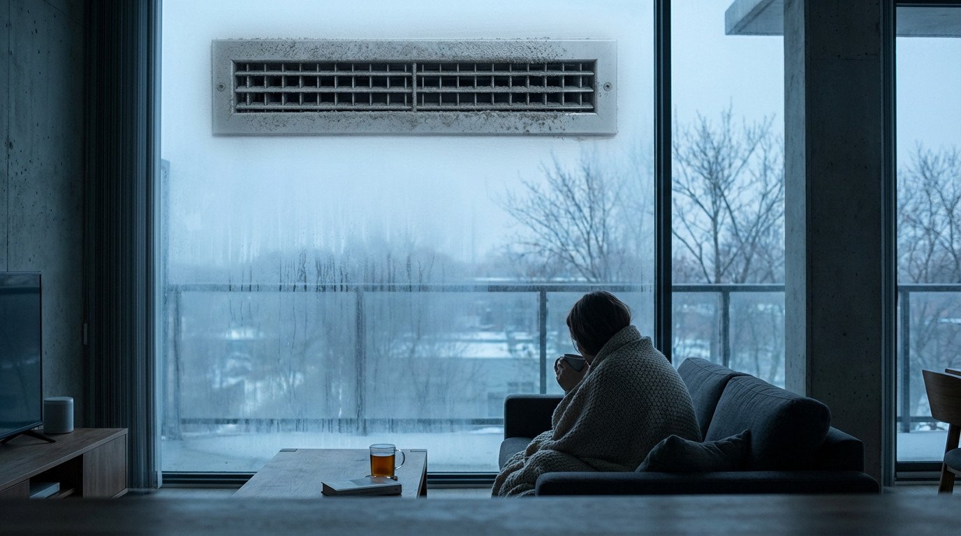 Grille d'aération encrassée au-dessus d'une fenêtre embuée. Une personne boit du thé sur un canapé, regardant le paysage hivernal.