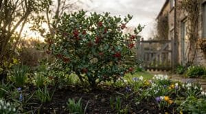 Houx aux baies rouges dans un jardin printanier. Soleil matinal, maison en pierre et portillon en bois en arrière-plan.