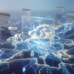 Carte numérique lumineuse de l'Europe, des circuits de données, des cartes bancaires et un bouclier central, symbolisant la souveraineté des paiements.