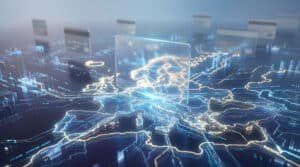 Carte numérique lumineuse de l'Europe, des circuits de données, des cartes bancaires et un bouclier central, symbolisant la souveraineté des paiements.