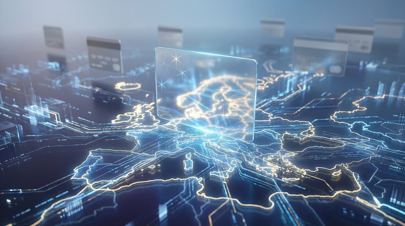 Carte numérique lumineuse de l'Europe, des circuits de données, des cartes bancaires et un bouclier central, symbolisant la souveraineté des paiements.