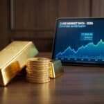 Lingot et pièces d'or sur un bureau, avec une tablette affichant un graphique de marché haussier et des données d'investissement.