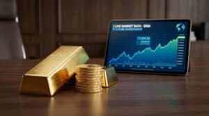 Lingot et pièces d'or sur un bureau, avec une tablette affichant un graphique de marché haussier et des données d'investissement.