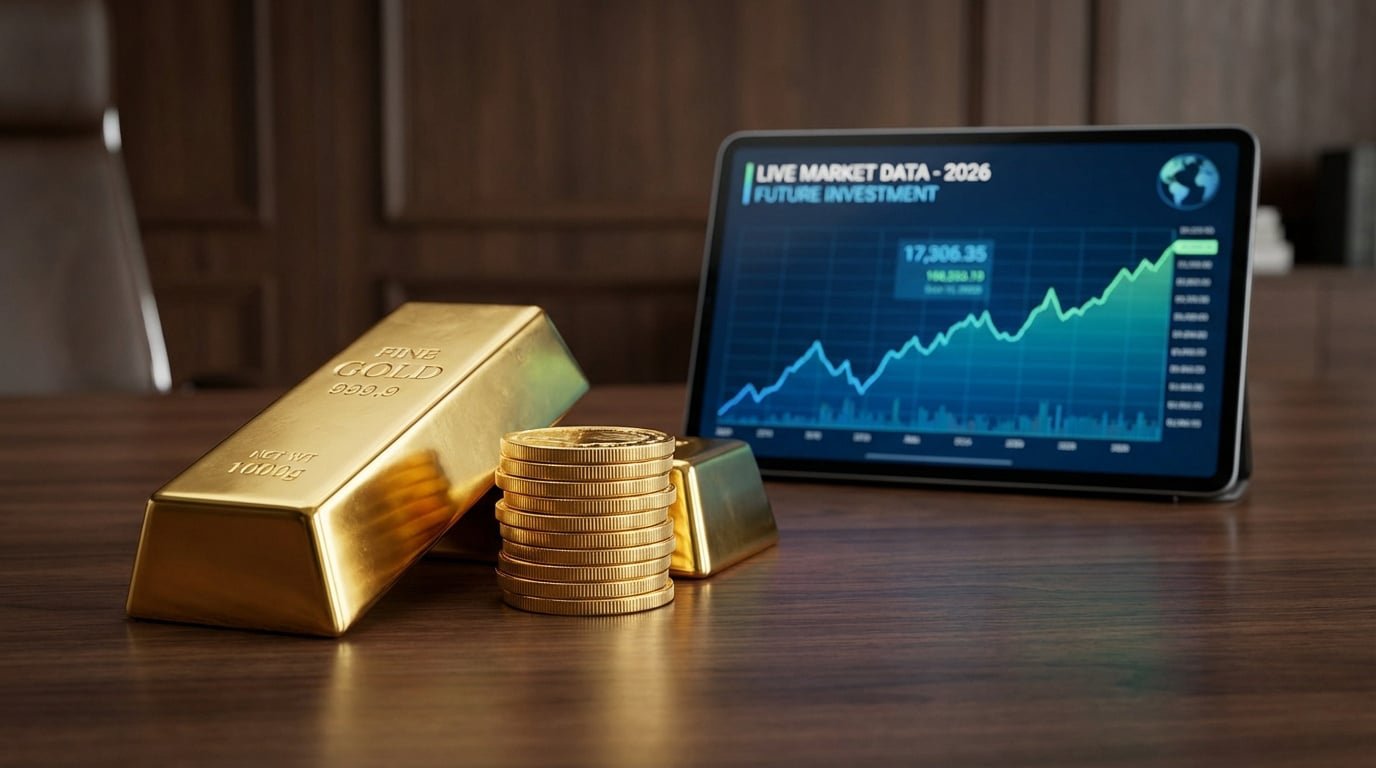 Lingot et pièces d'or sur un bureau, avec une tablette affichant un graphique de marché haussier et des données d'investissement.