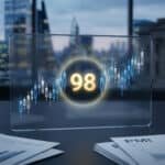 Un écran transparent affiche un graphique boursier avec le chiffre 98. Des documents économiques GDP/PMI sont sur une table devant un paysage urbain.