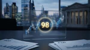 Un écran transparent affiche un graphique boursier avec le chiffre 98. Des documents économiques GDP/PMI sont sur une table devant un paysage urbain.