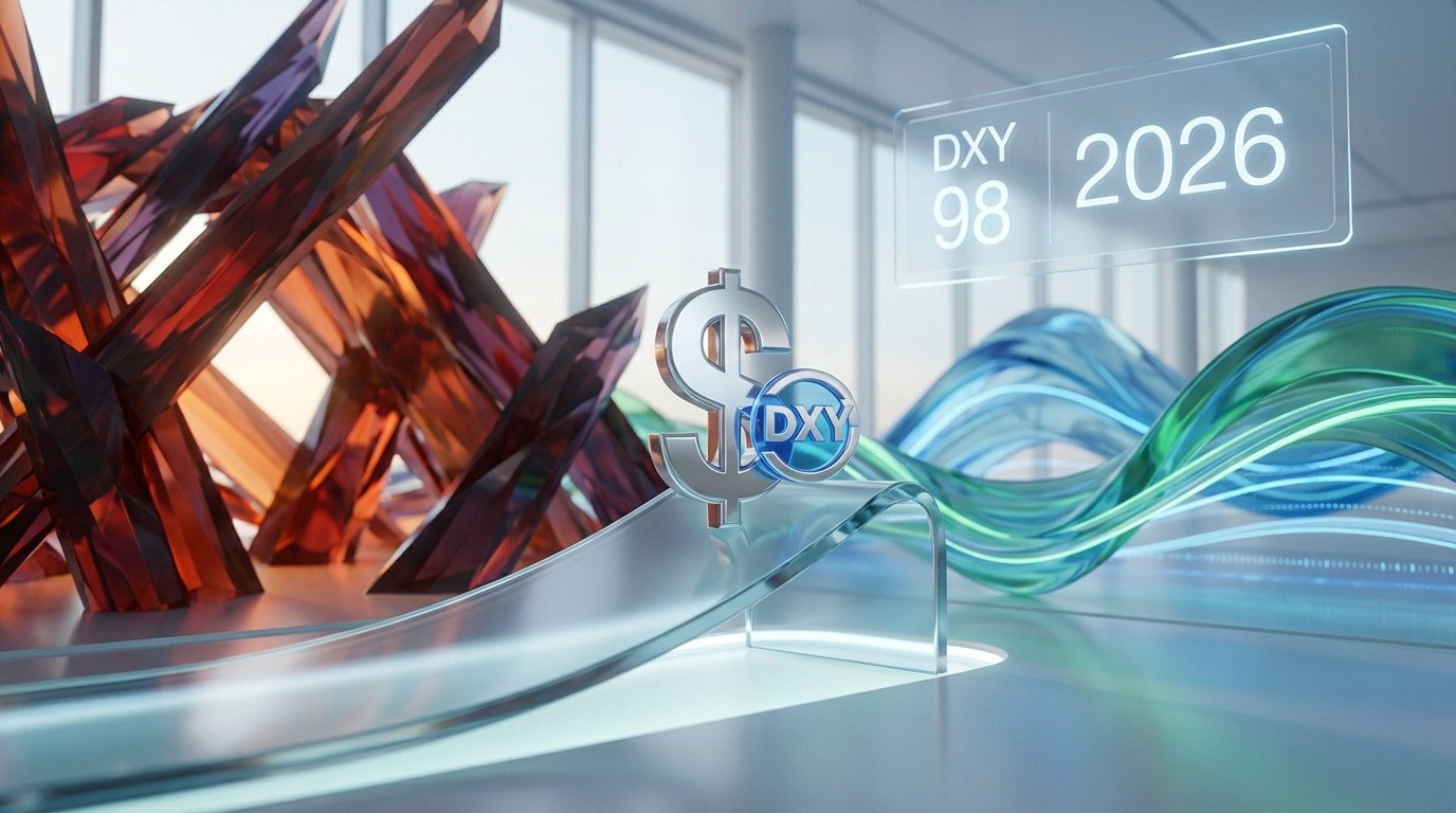 Une image conceptuelle du Dollar Index (DXY) montrant un signe dollar, le texte DXY 98 2026 et des flux de données stylisés.