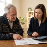 An older man points at a life insurance policy document to a younger woman holding a tablet, discussing financial plans.