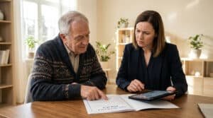 An older man points at a life insurance policy document to a younger woman holding a tablet, discussing financial plans.