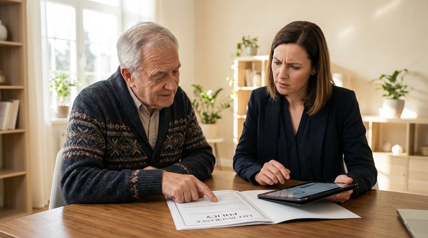 An older man points at a life insurance policy document to a younger woman holding a tablet, discussing financial plans.