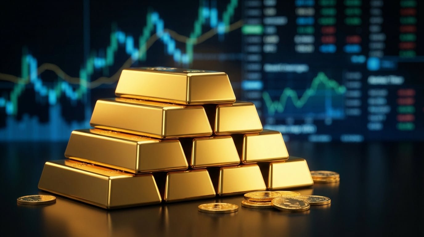 Une pile de lingots d'or et des pièces sur fond de graphiques boursiers. Représente l'investissement en métaux précieux.