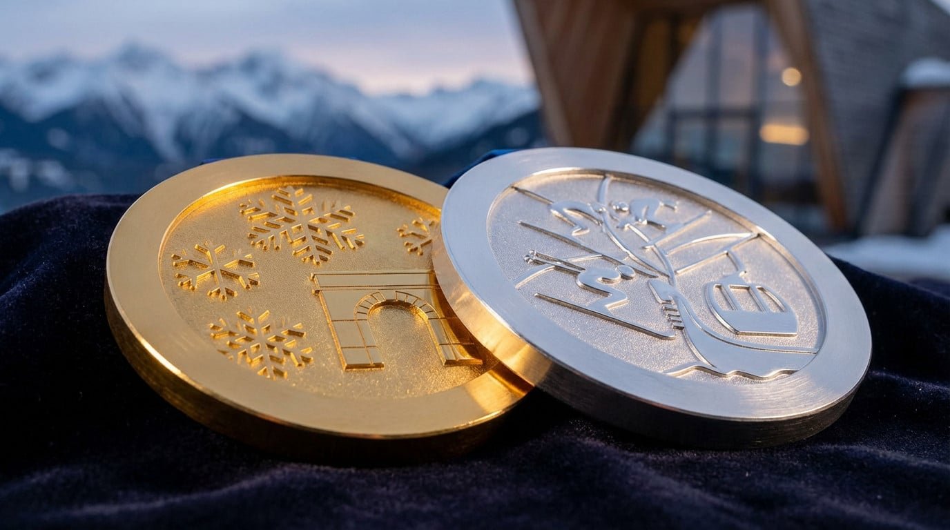 Detailed gold and silver Olympic medals on dark velvet. Gold has snowflakes and arches; silver shows skiers, gondola. Blurred mountains behind.