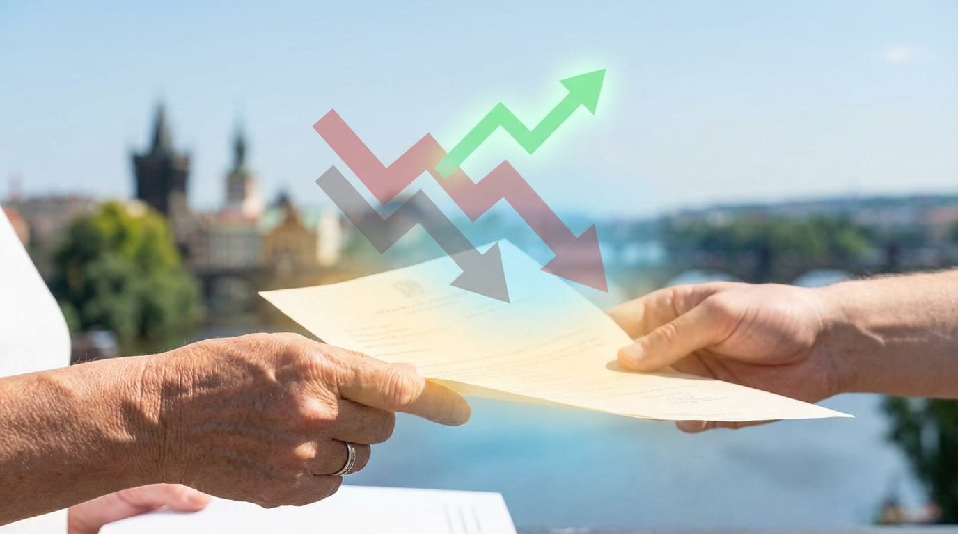 Échange d'un document officiel entre deux personnes avec des flèches symbolisant les hausses et baisses financières, sur fond de ville.