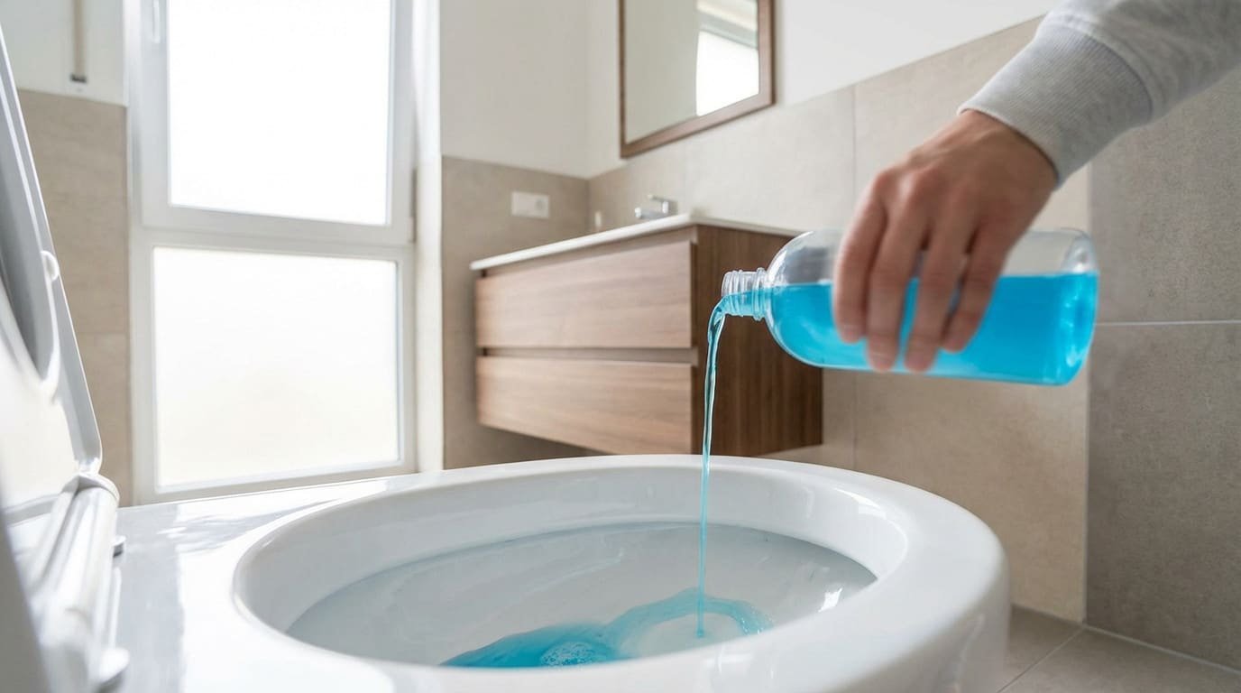A hand pours vibrant blue dish soap into a pristine white toilet bowl in a brightly lit, modern bathroom.