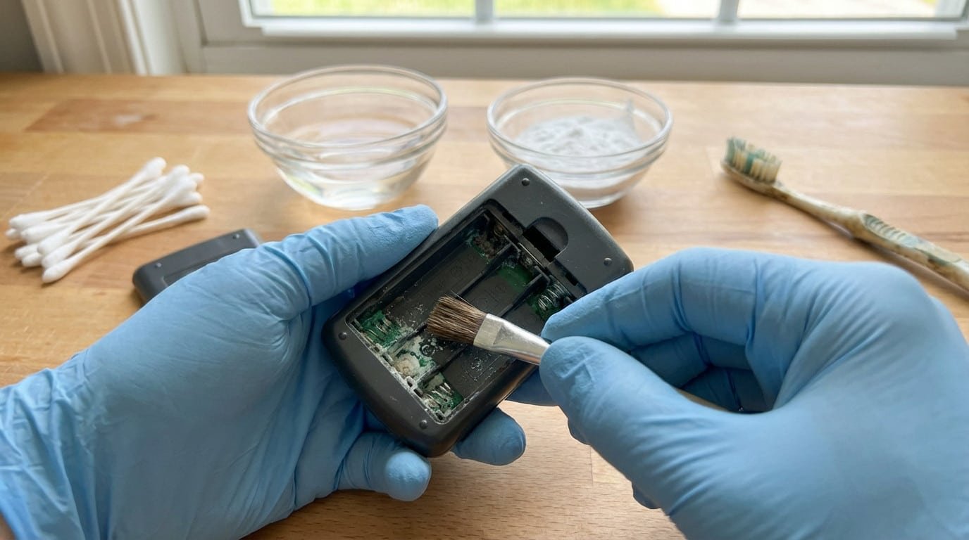 Une personne gantée nettoie le compartiment d'un appareil électronique corrodé par des piles coulées, avec brosse, bicarbonate et vinaigre.